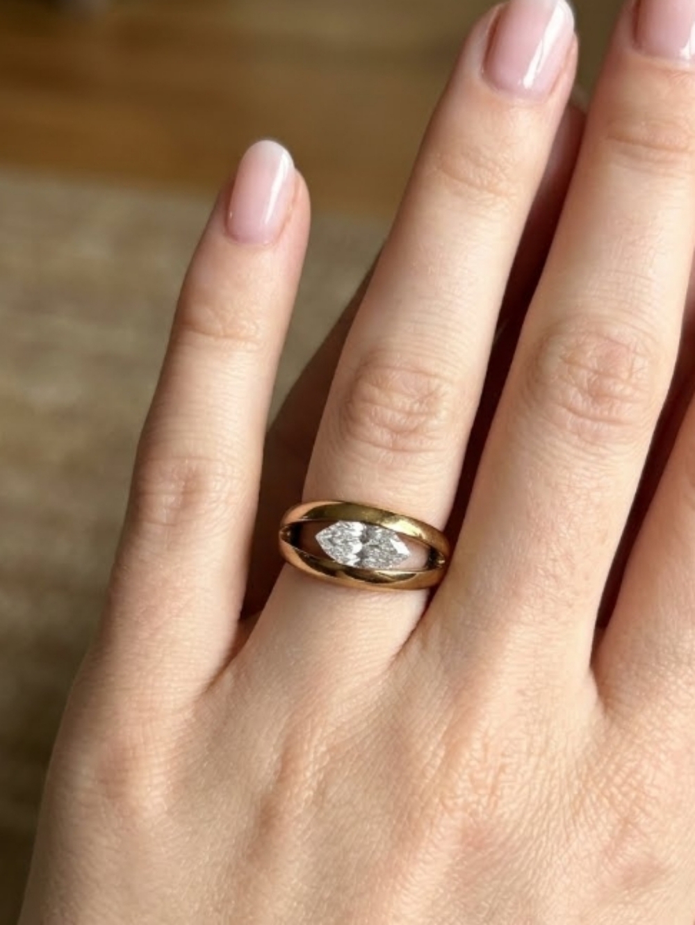 Solitaire  Marquise CZ Gold Ring, Unisex 6.5 Gold Over 925